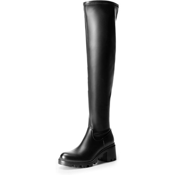 Women's Black-pu Faux Leather Knee High Over The Knee High Chunky Heel Boots - Picture 1 of 7